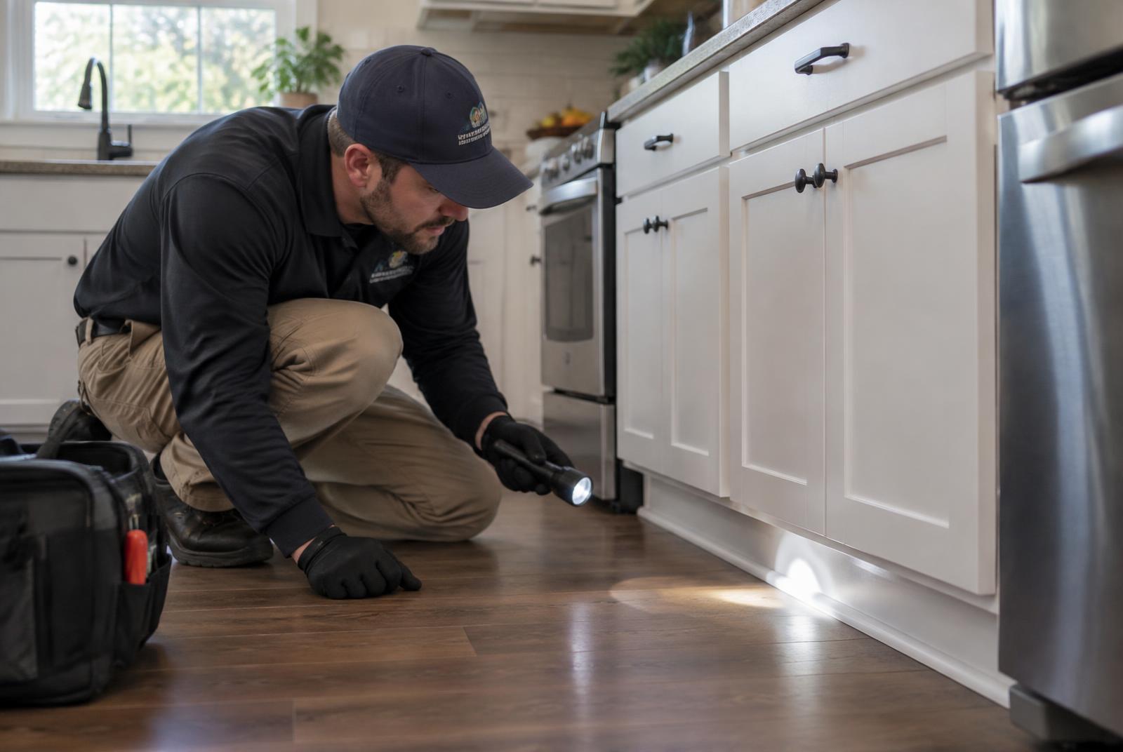 Technician inspecting a kitchen baseboard with a flashlight for ants and mice